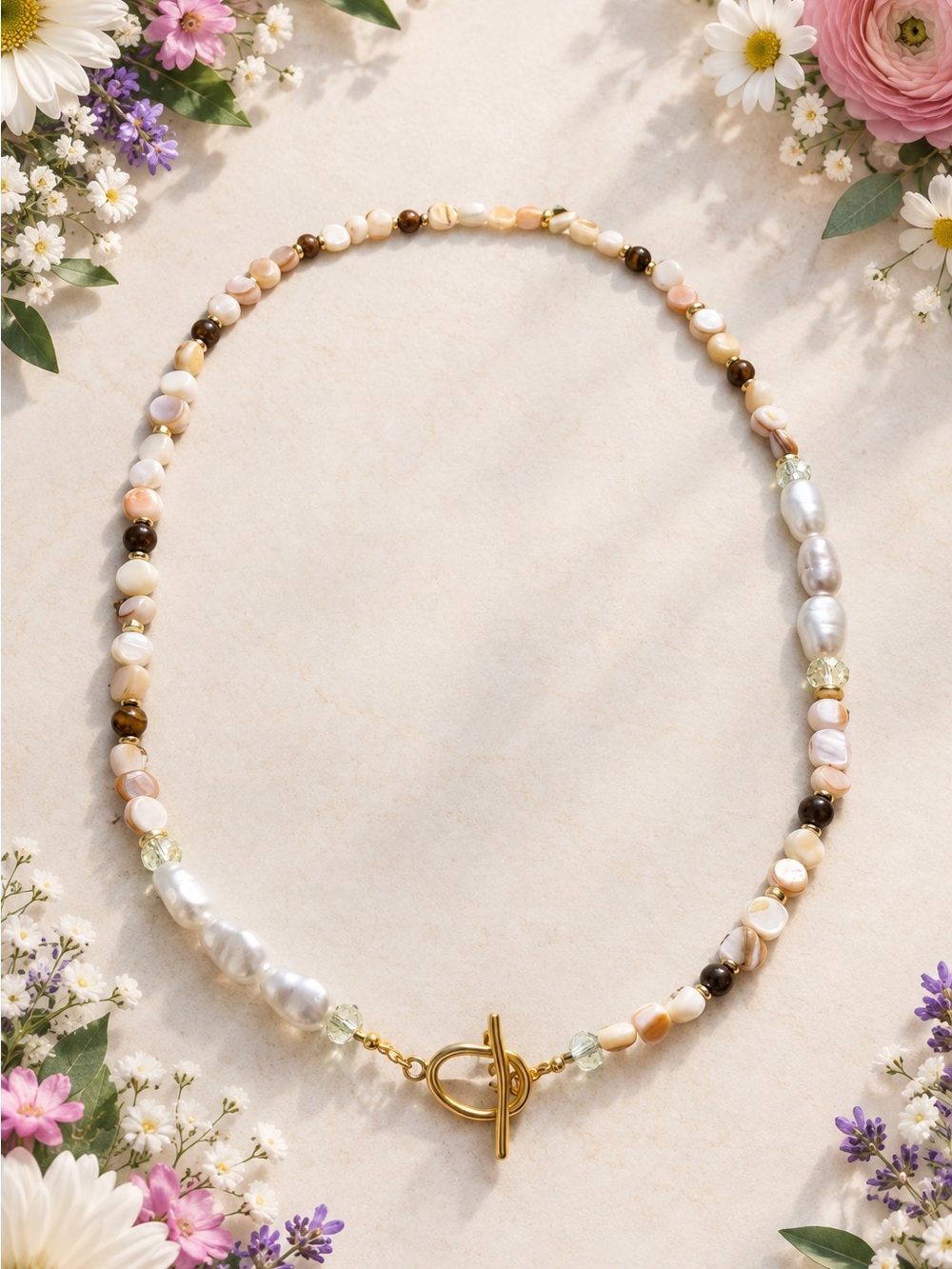 Gold Toggle Pearl & Shell Bead Necklace - Cream and Brown